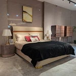 Beige Upholstered Bed with Quilted Headboard, Wood Accent & Gold Stainless Steel Feet